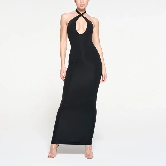 skims black halter dress SKIMS Smooth Lounge Low Back Halter Dress | Black